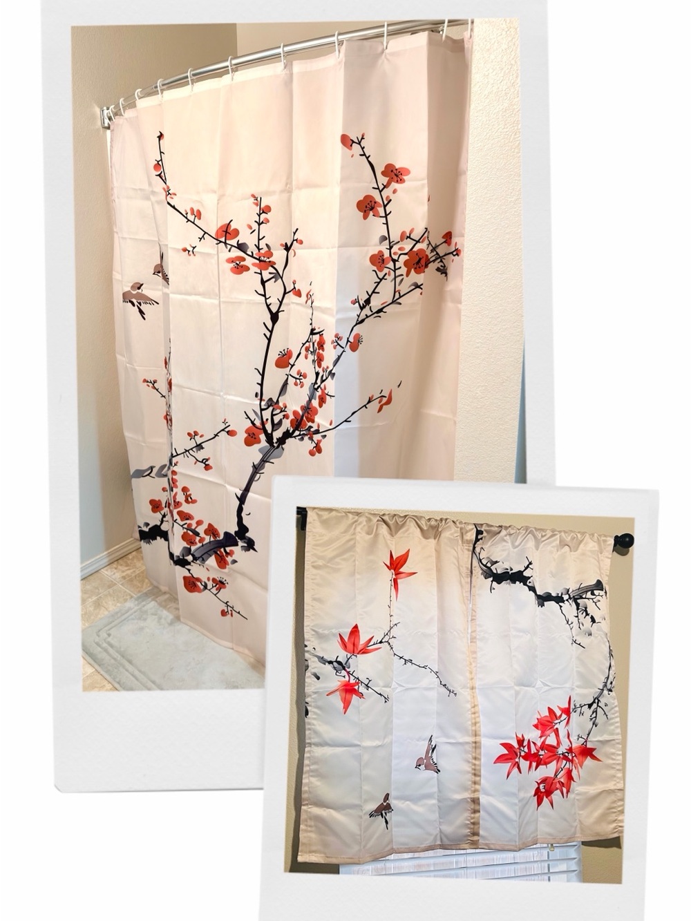 Coordinating Red Black Bird Maple Blossom Shower Curtain + Window Curtains